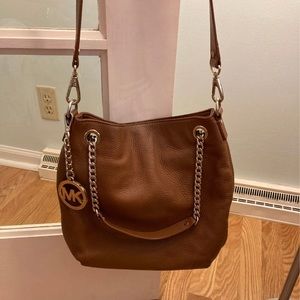 Michael Kors brown pebbled leather purse with gold chain strap